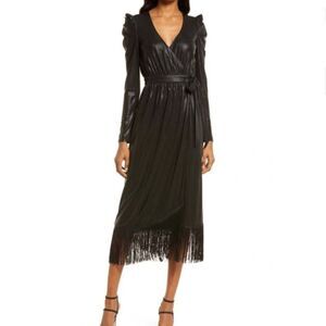 Lulu’s Dream Big metallic puff sleeve wrap midi dress Size S black Gatsby 50’s f